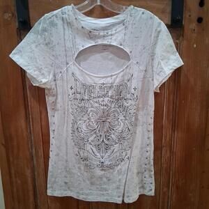 Nwot Women's Affliction Bling White Rhinestone Cut Out T Shirt XL Y2K 2000s